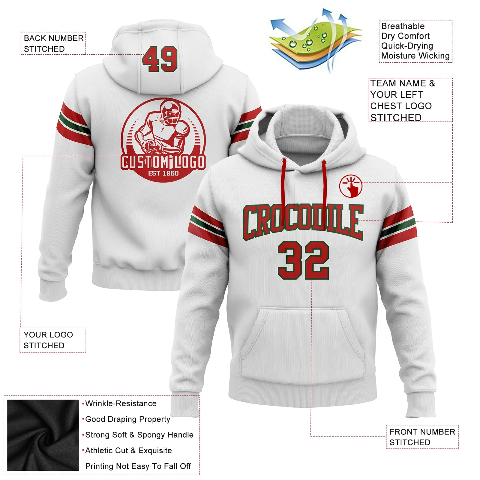 Custom Stitched White Red-Green Football Pullover Sweatshirt Hoodie