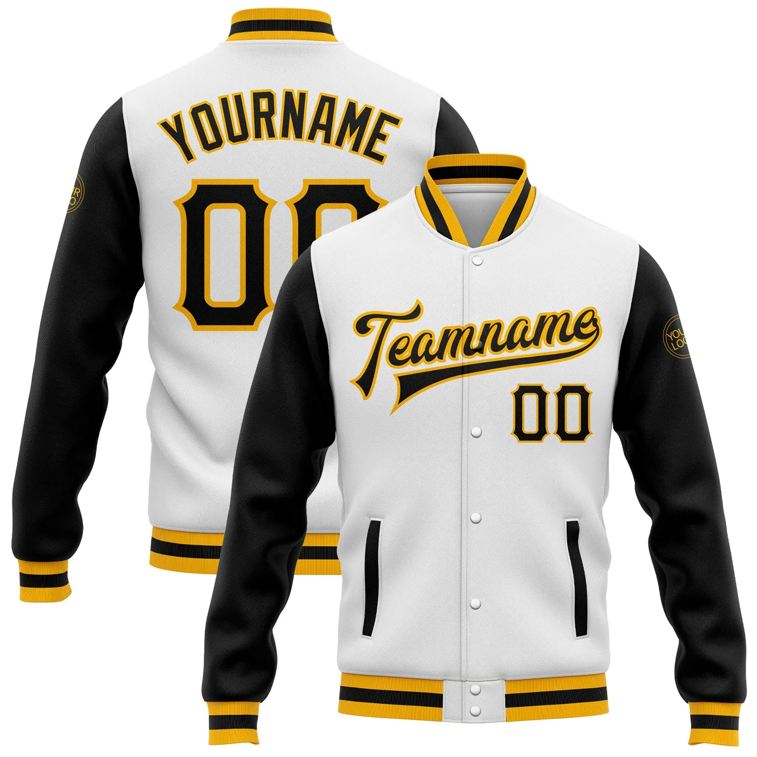 Custom White Black-Gold Bomber Full-Snap Varsity Letterman Two Tone Jacket