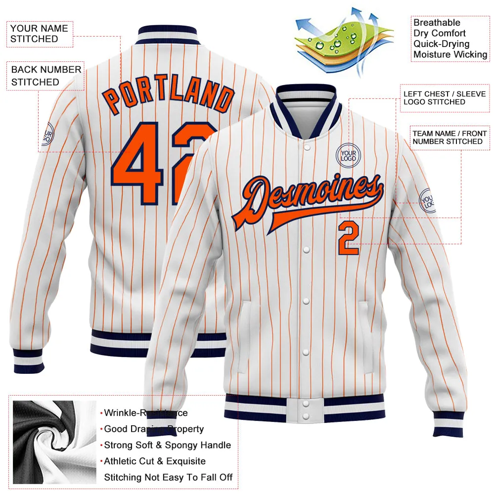 Custom White Orange Pinstripe Orange-Navy Bomber Full-Snap Varsity Letterman Jacket