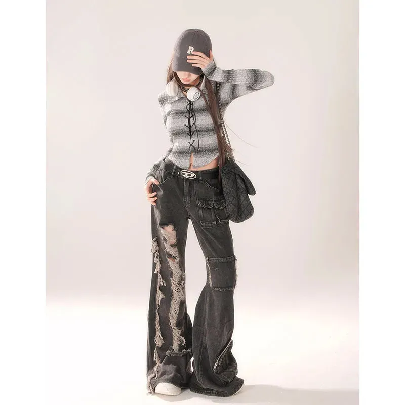 Dark Loose Gray Halloween Pocket Pants