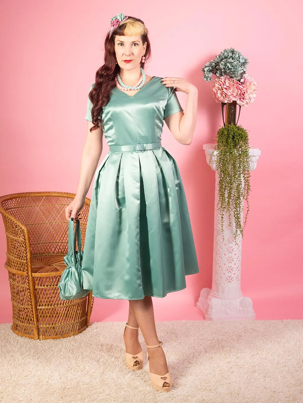 Denise 1950s Satin Pleated Dress Sage Green