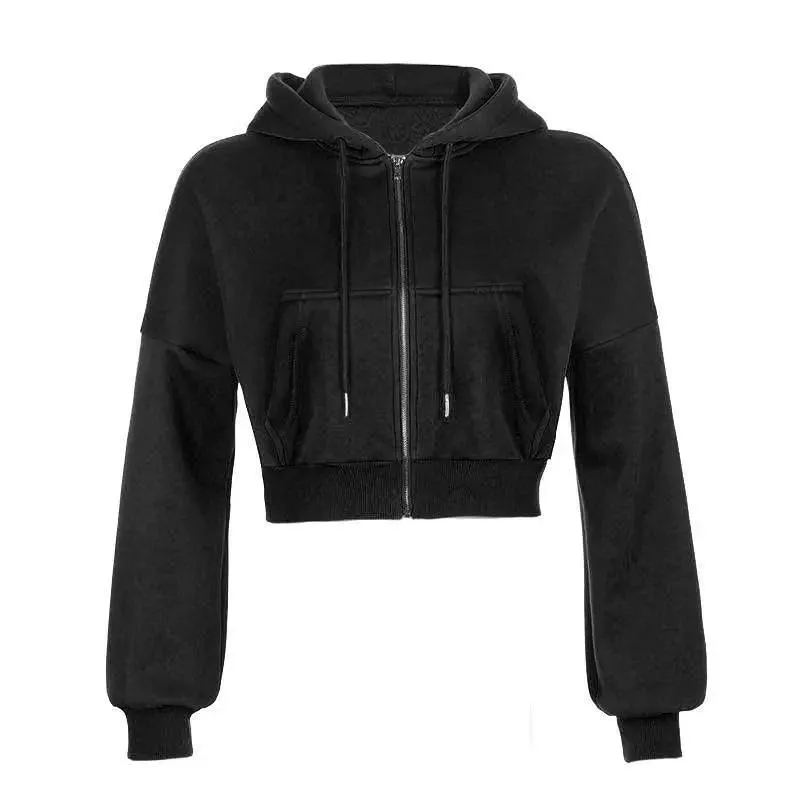 Drawstring Active Full Zip Up Hoodie - Black