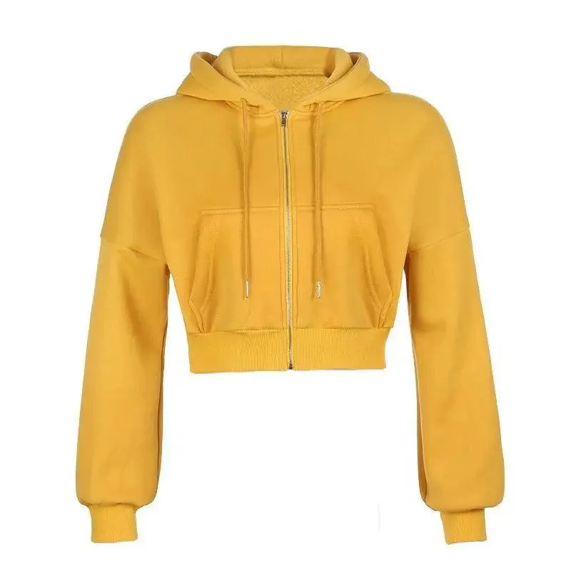 Drawstring Active Full Zip Up Hoodie - Yellow