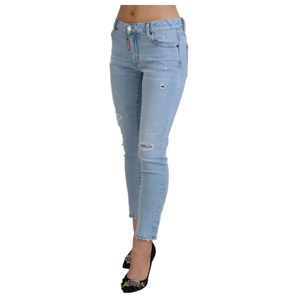 Dsquared² Blue Tattered Mid Waist Cropped Twiggy Denim Jeans