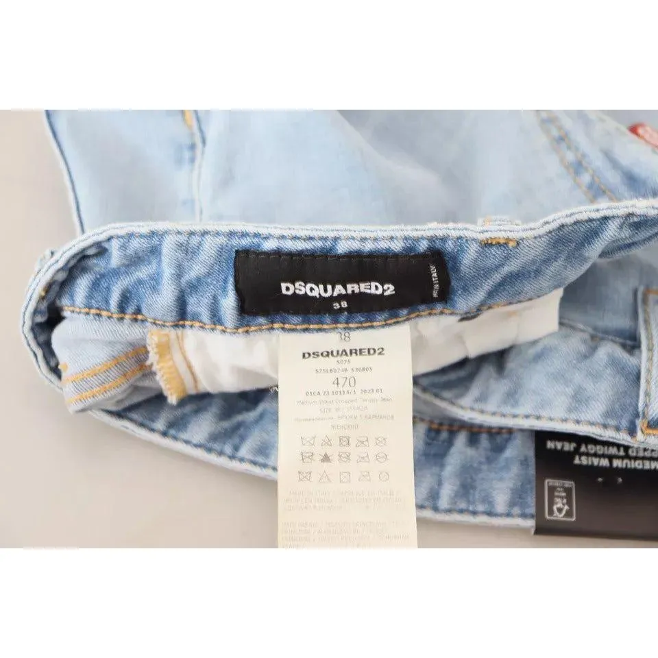 Dsquared² Blue Tattered Mid Waist Cropped Twiggy Denim Jeans