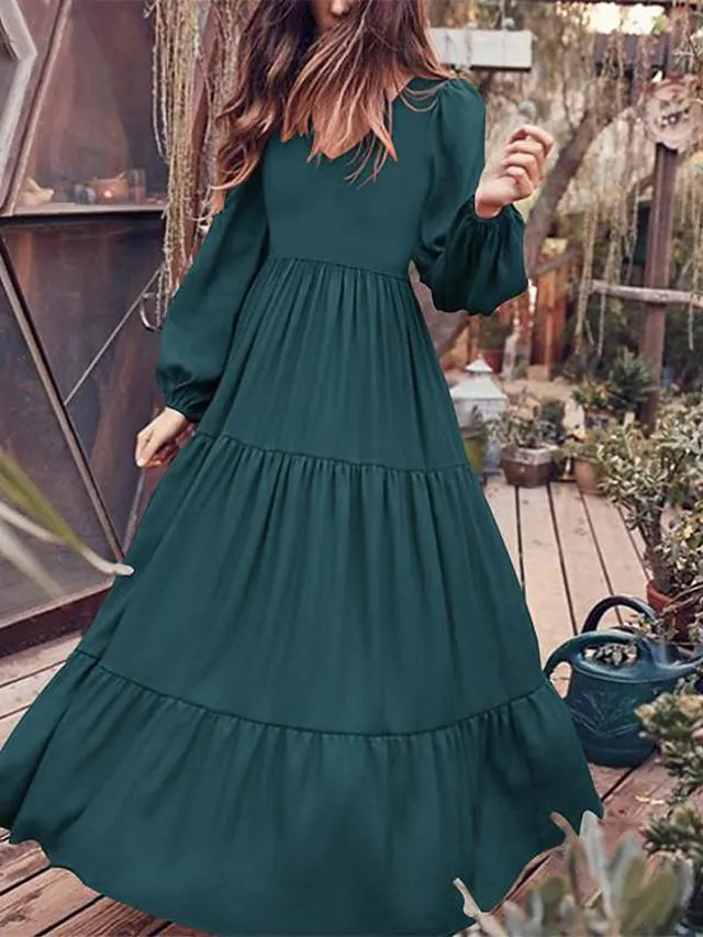 Dunnmall Women's Swing Dress Maxi long Dress Long Sleeve Solid Color Patchwork Fall Hot Casual Black Green Brown M L XL XXL 3XL 4XL 5XL