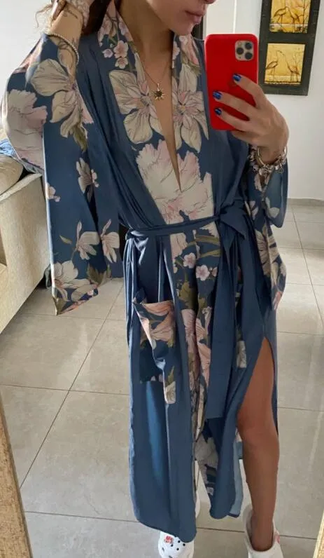 Ethnic Lace-Up V-Neck Kimono Robe with Peacock Print