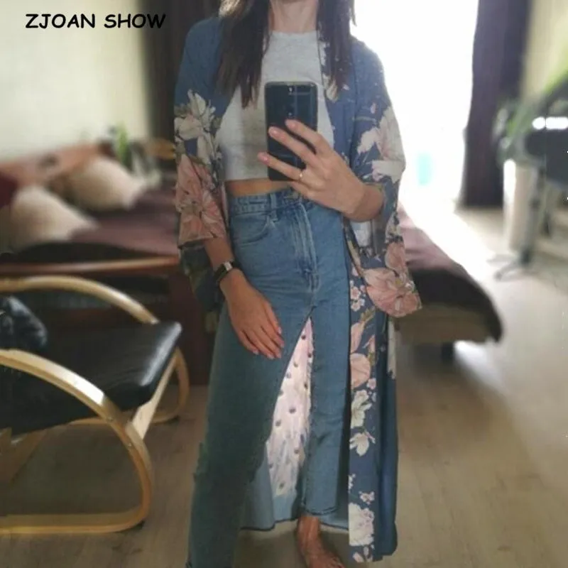 Ethnic Lace-Up V-Neck Kimono Robe with Peacock Print