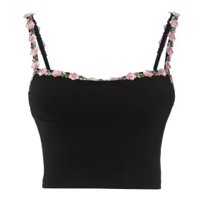 Flower Embroidery Black Camisole Sexy Backless Cropped Tank Tops Y2k Coquette Summer Clothes Women 2024 P85-BC10