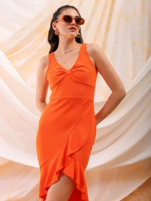 Freehand Women Orange Fitted Textured Scoop Neck Partywear Ruffle Dress