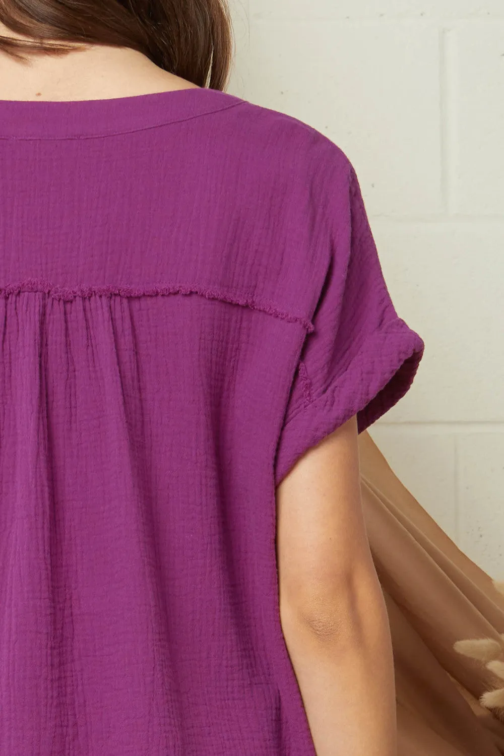 Fringe & Pocket Gauze Tunic, Plum