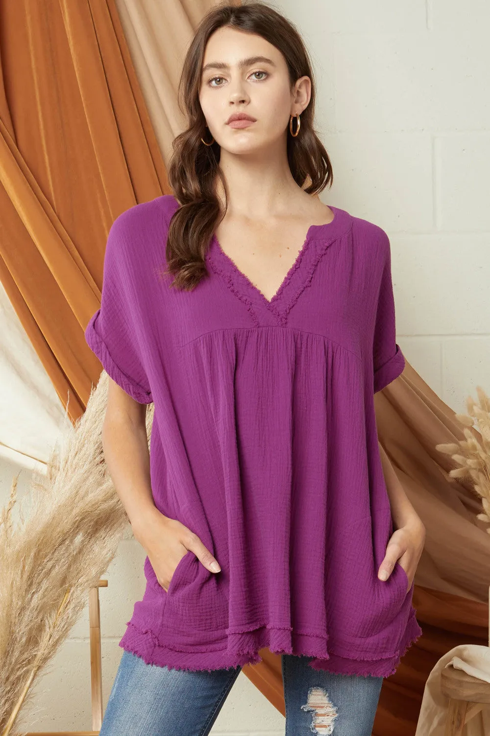 Fringe & Pocket Gauze Tunic, Plum