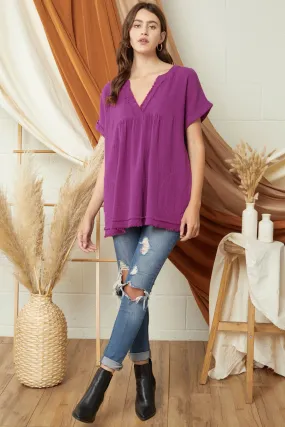 Fringe & Pocket Gauze Tunic, Plum