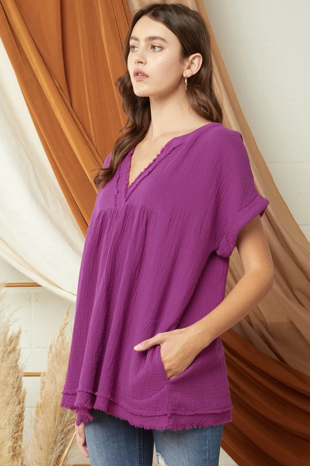 Fringe & Pocket Gauze Tunic, Plum