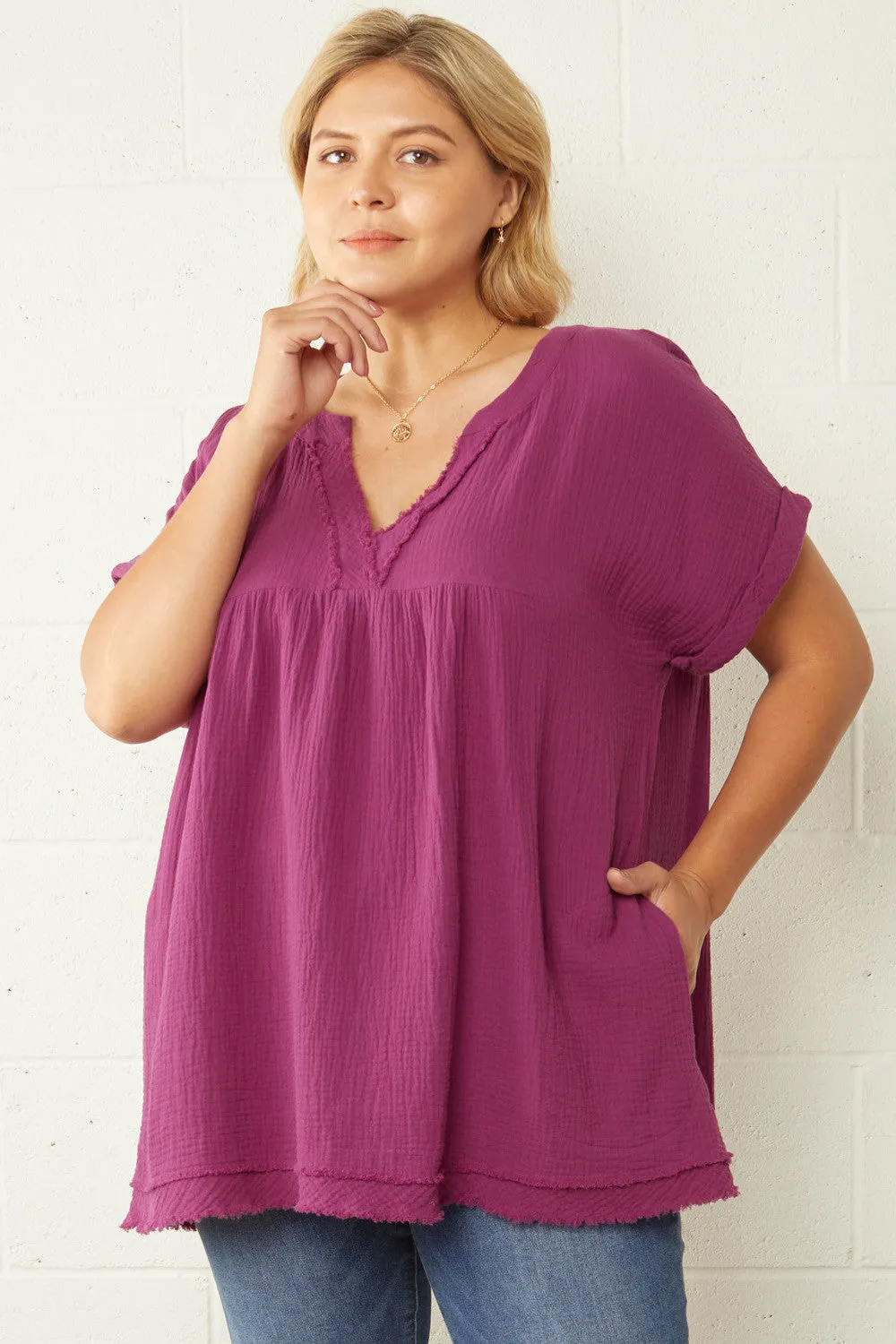 Fringe & Pocket Gauze Tunic, Plum