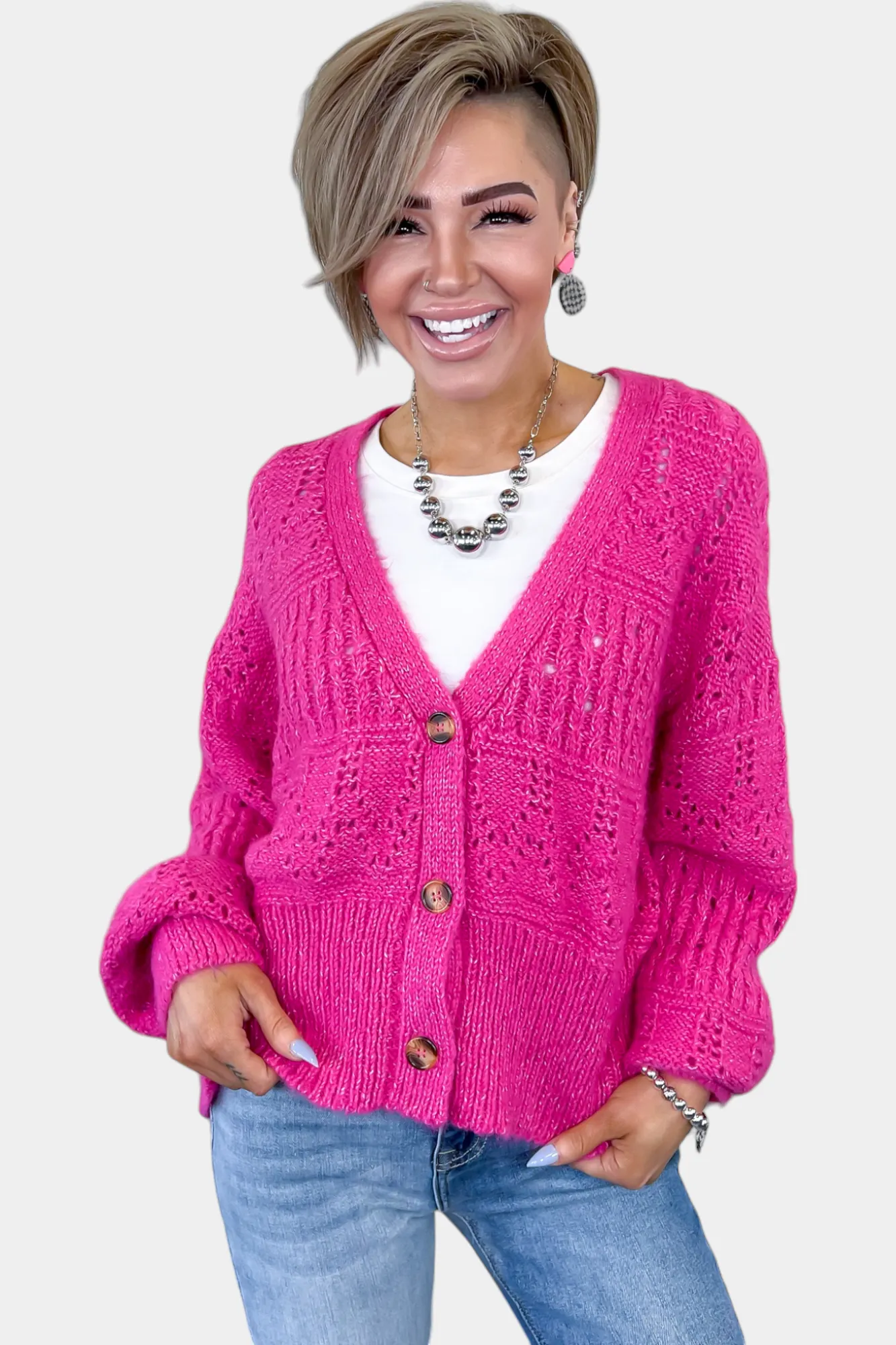 Fuchsia Bubble Sleeve Cardigan