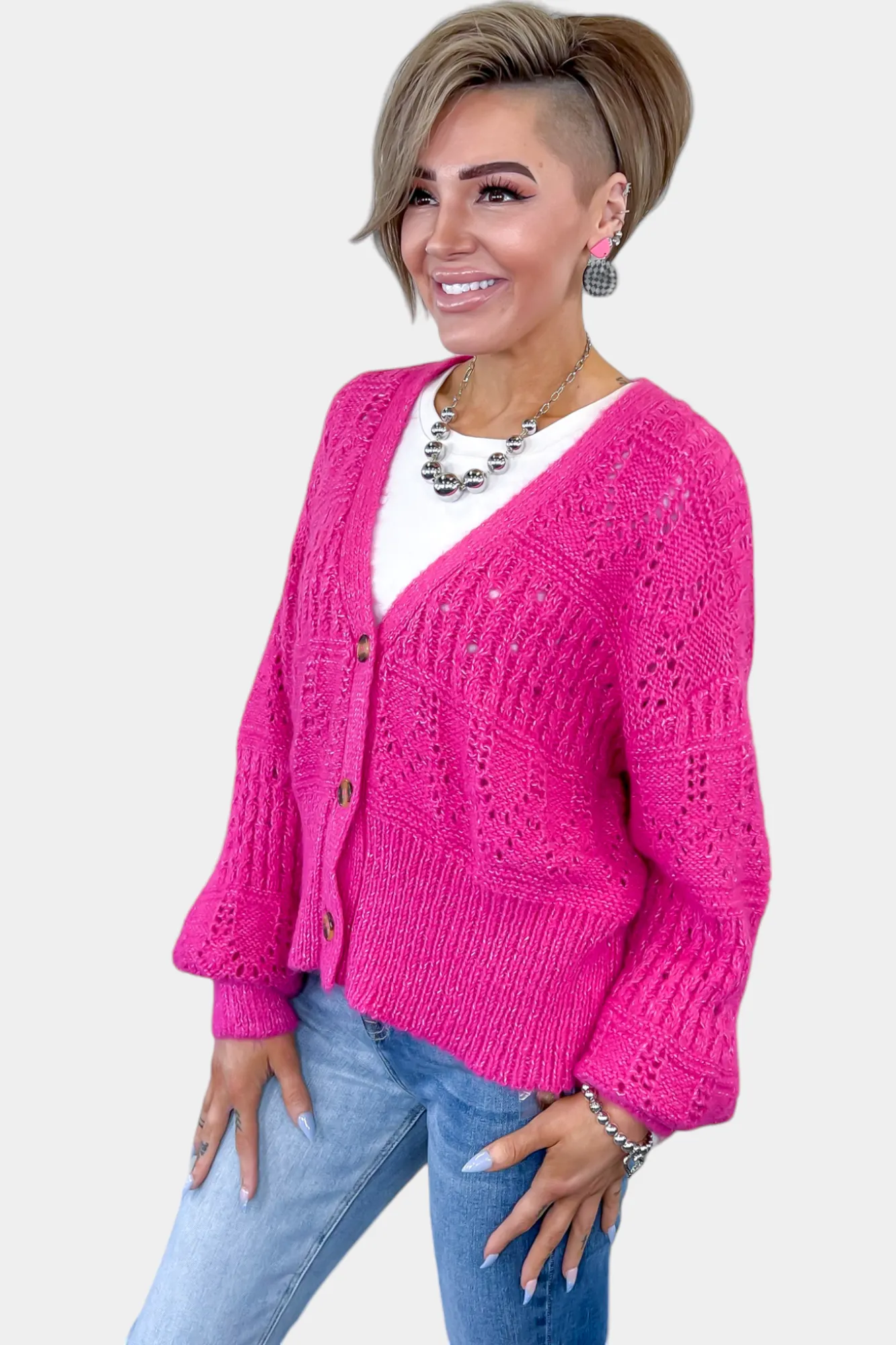 Fuchsia Bubble Sleeve Cardigan