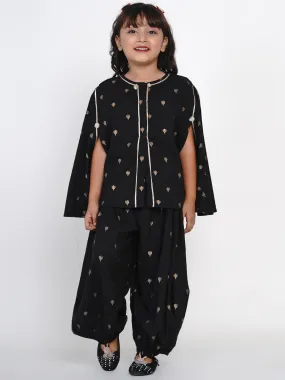 Girl's Black & Gold-Toned Self Design Tunic With Dhoti Pants - Bitiya By Bhama