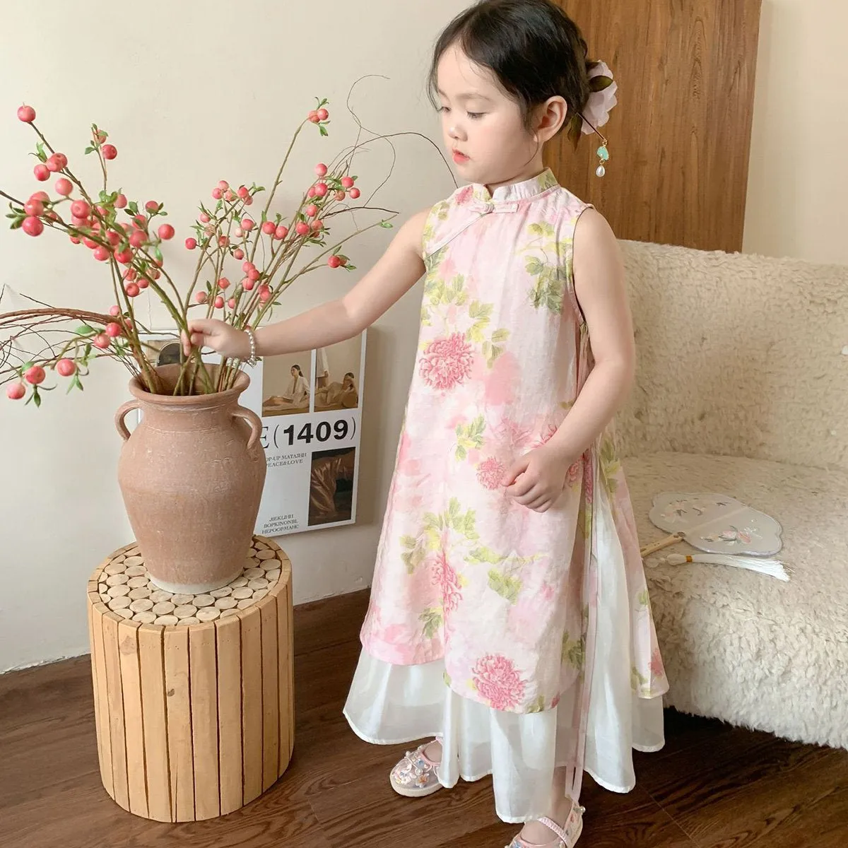 Girls' Floral Two-Piece Cheongsam Dress Set