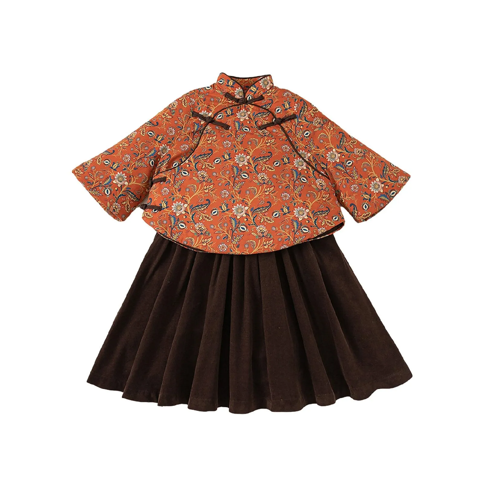 Girls' Oriental Floral Top and Velvet Skirt Set - Chinese New Year Outfit