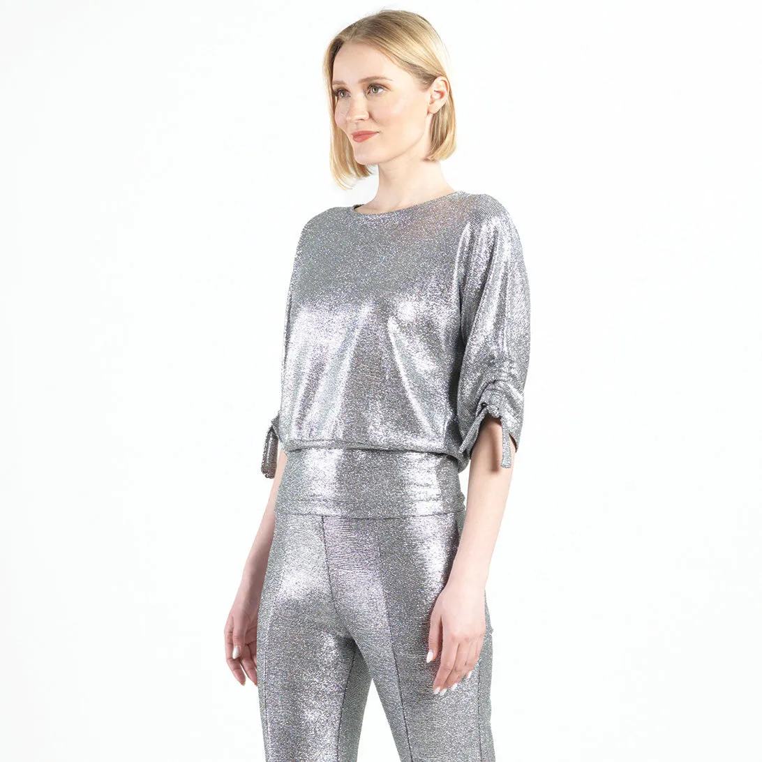 Glitter Foil - Pull-Tie Cuff Blouson Top - Gunmetal - Limited Edition!