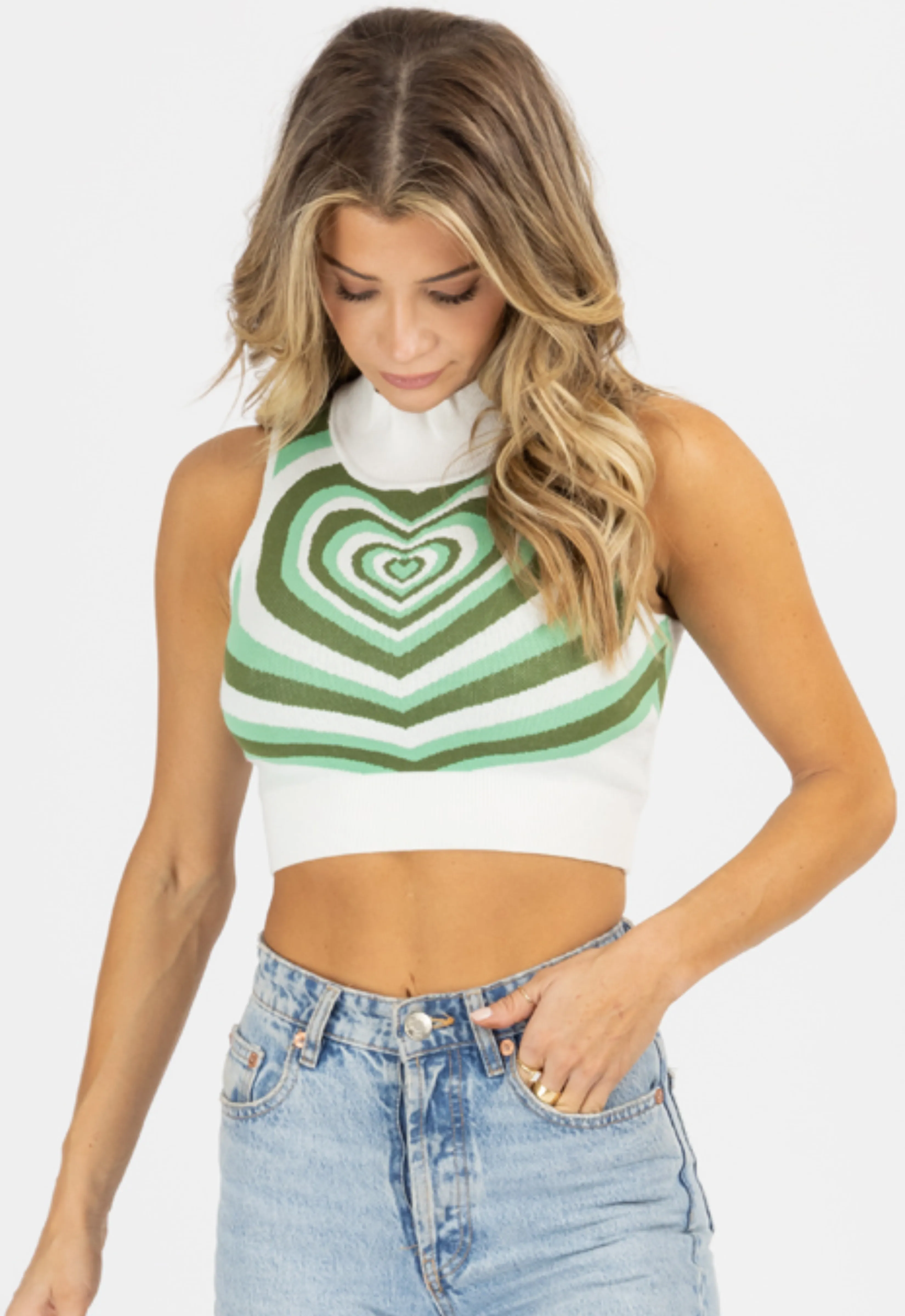 GREEN HEART MOCKNECK KNIT CROP TOP