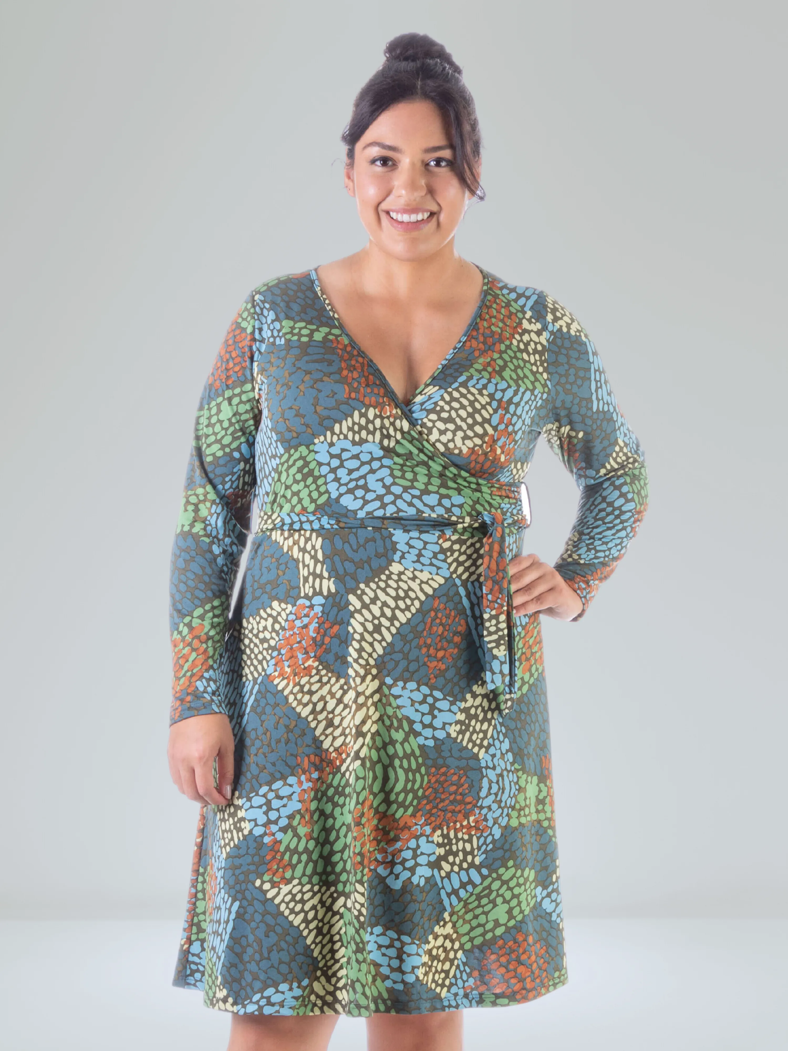 Green Plus Size Long Sleeve Knee Length Faux Wrap Dress