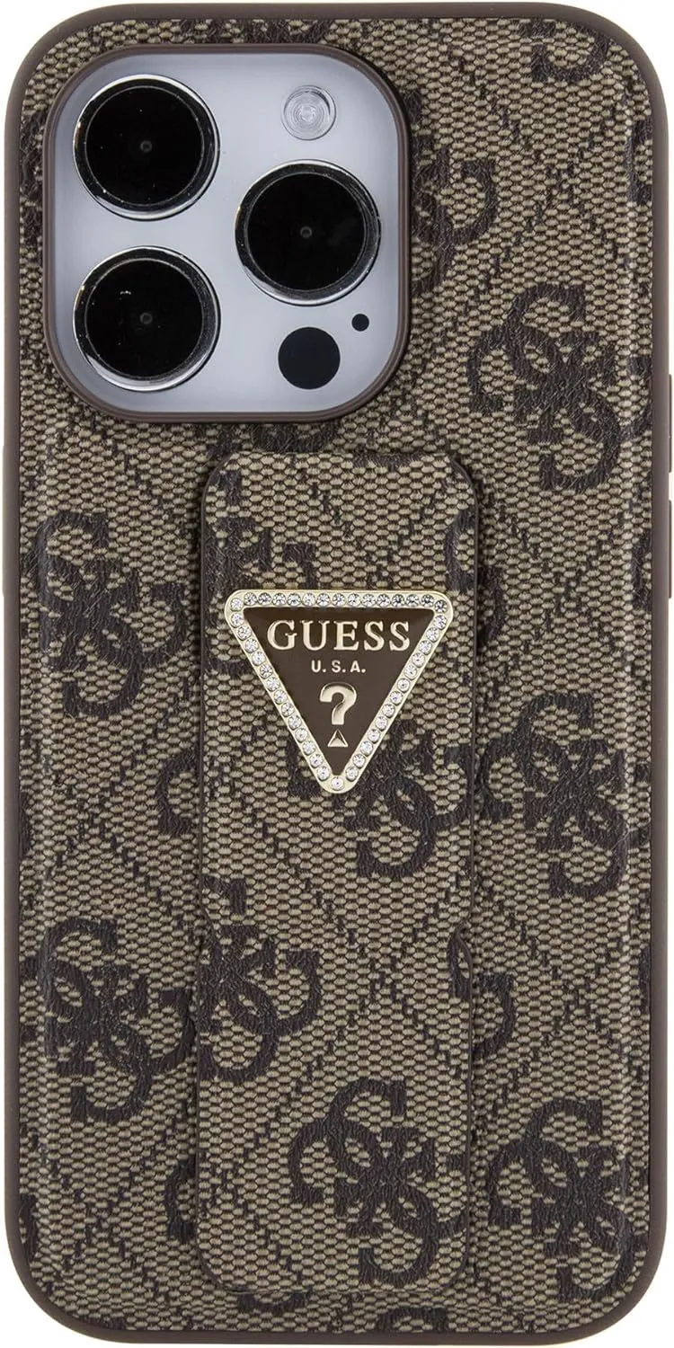 Guess Grip Stand 4G Triangle Strass Case for iphone 15 Pro Max 6.7" Brown - GUHCP15XPGS4TDW