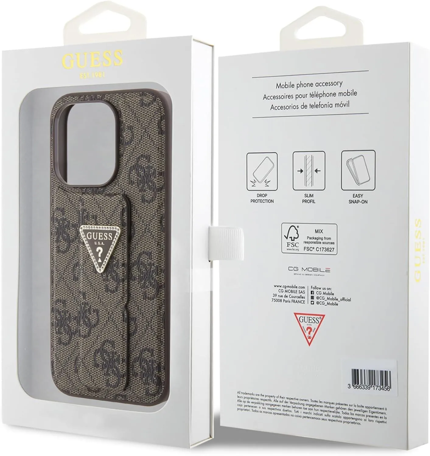 Guess Grip Stand 4G Triangle Strass Case for iphone 15 Pro Max 6.7" Brown - GUHCP15XPGS4TDW