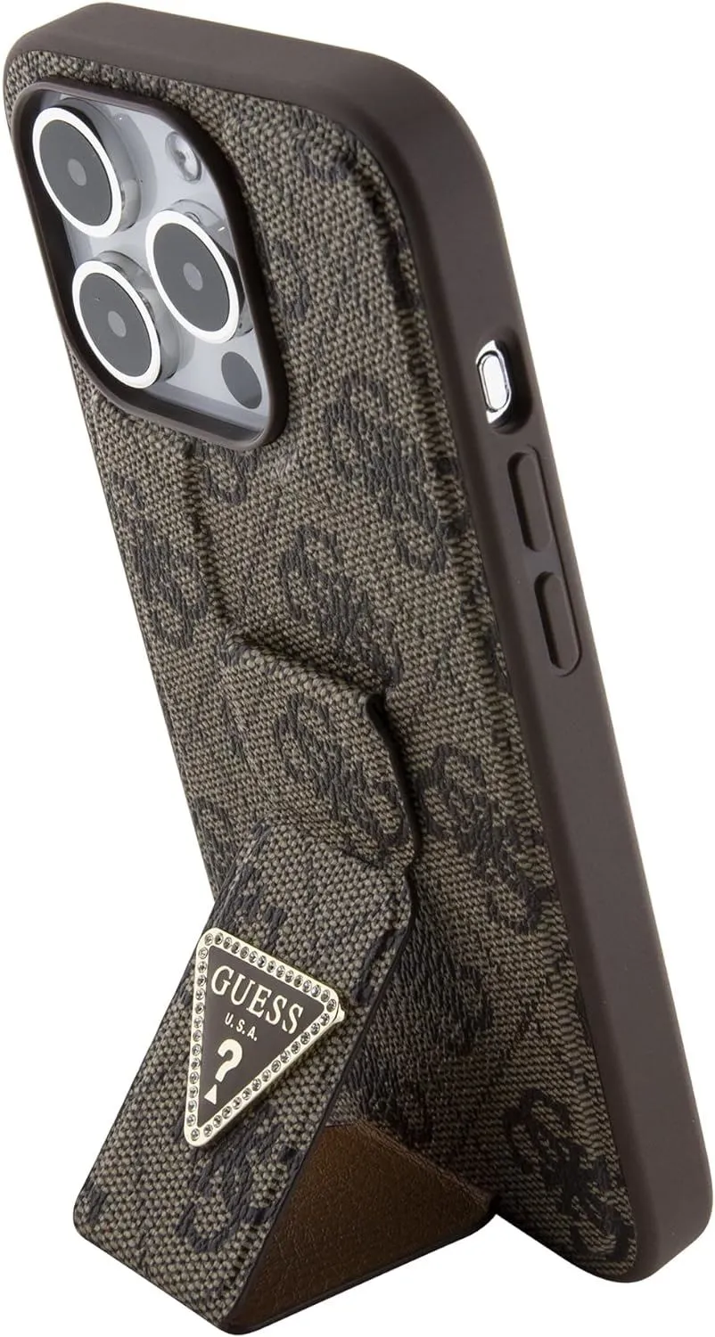 Guess Grip Stand 4G Triangle Strass Case for iphone 15 Pro Max 6.7" Brown - GUHCP15XPGS4TDW