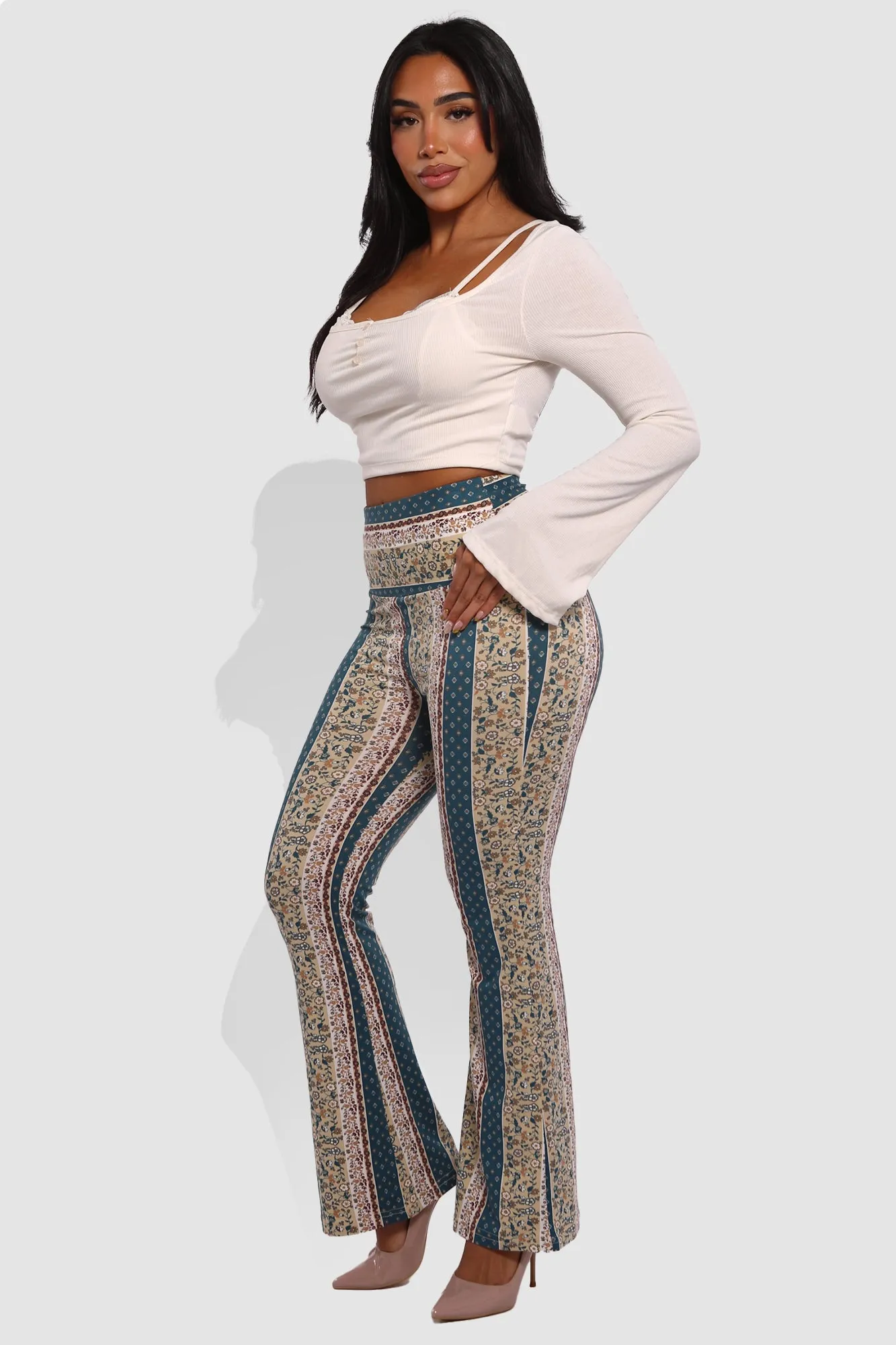 High Waist Buttery Soft Flare Palazzo Pants - Greenish Blue, Beige, Light Brown, White Boho Print