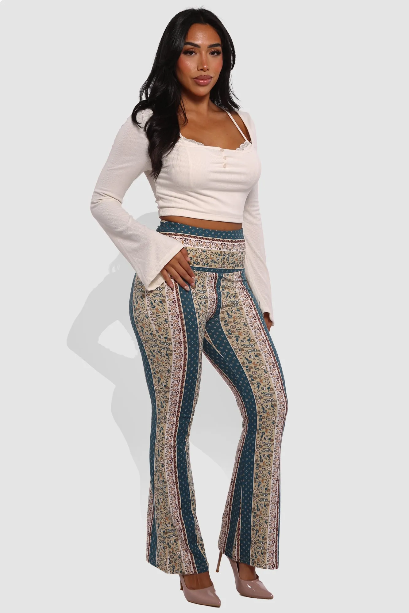 High Waist Buttery Soft Flare Palazzo Pants - Greenish Blue, Beige, Light Brown, White Boho Print