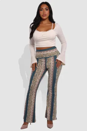 High Waist Buttery Soft Flare Palazzo Pants - Greenish Blue, Beige, Light Brown, White Boho Print