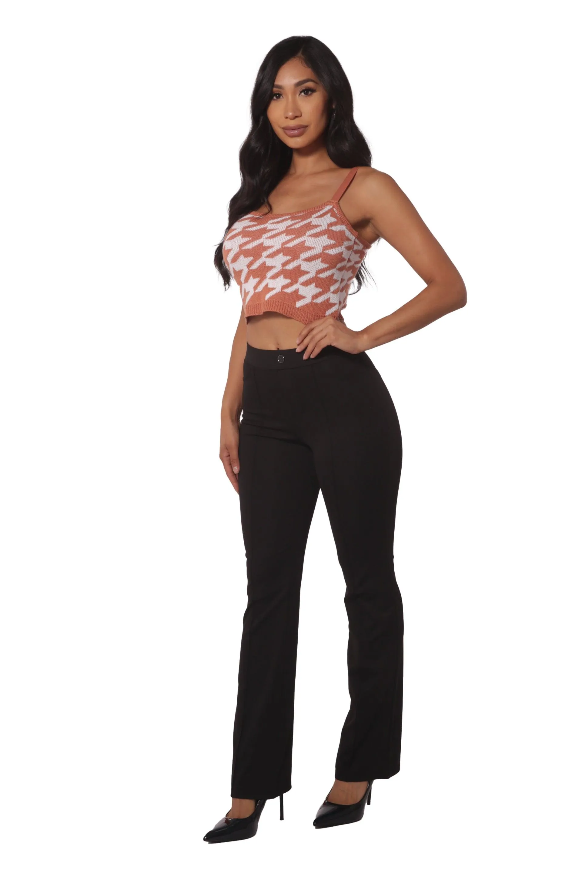 High Waist Flare Pants With Front Pleating & Button Waist Detail - Black