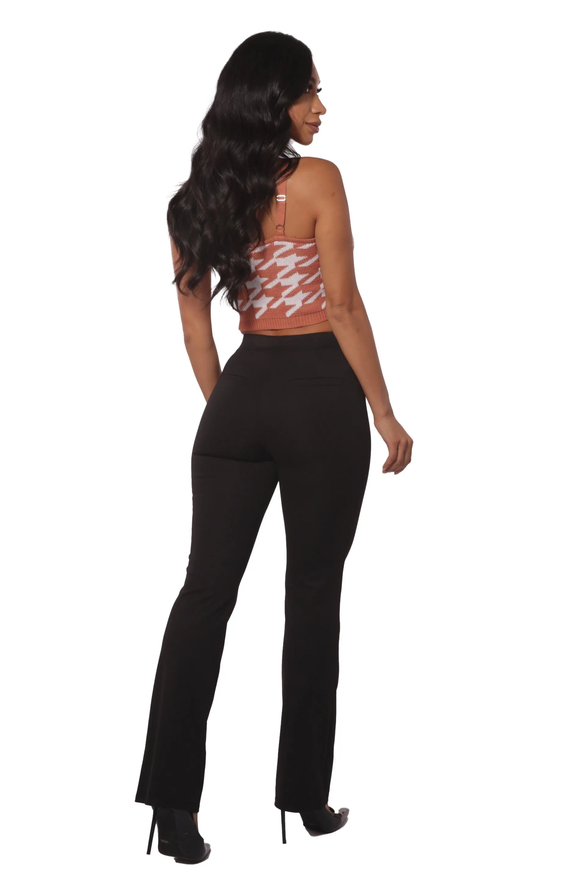 High Waist Flare Pants With Front Pleating & Button Waist Detail - Black