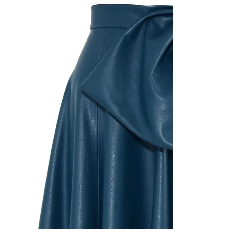 High Waist Navy Vegan Leather Skirt With Bow