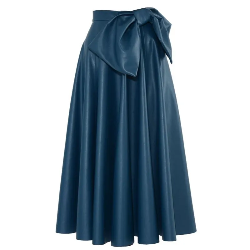 High Waist Navy Vegan Leather Skirt With Bow