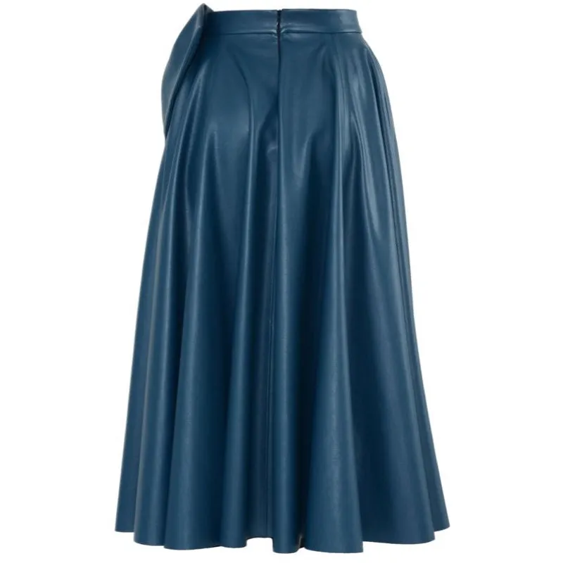 High Waist Navy Vegan Leather Skirt With Bow