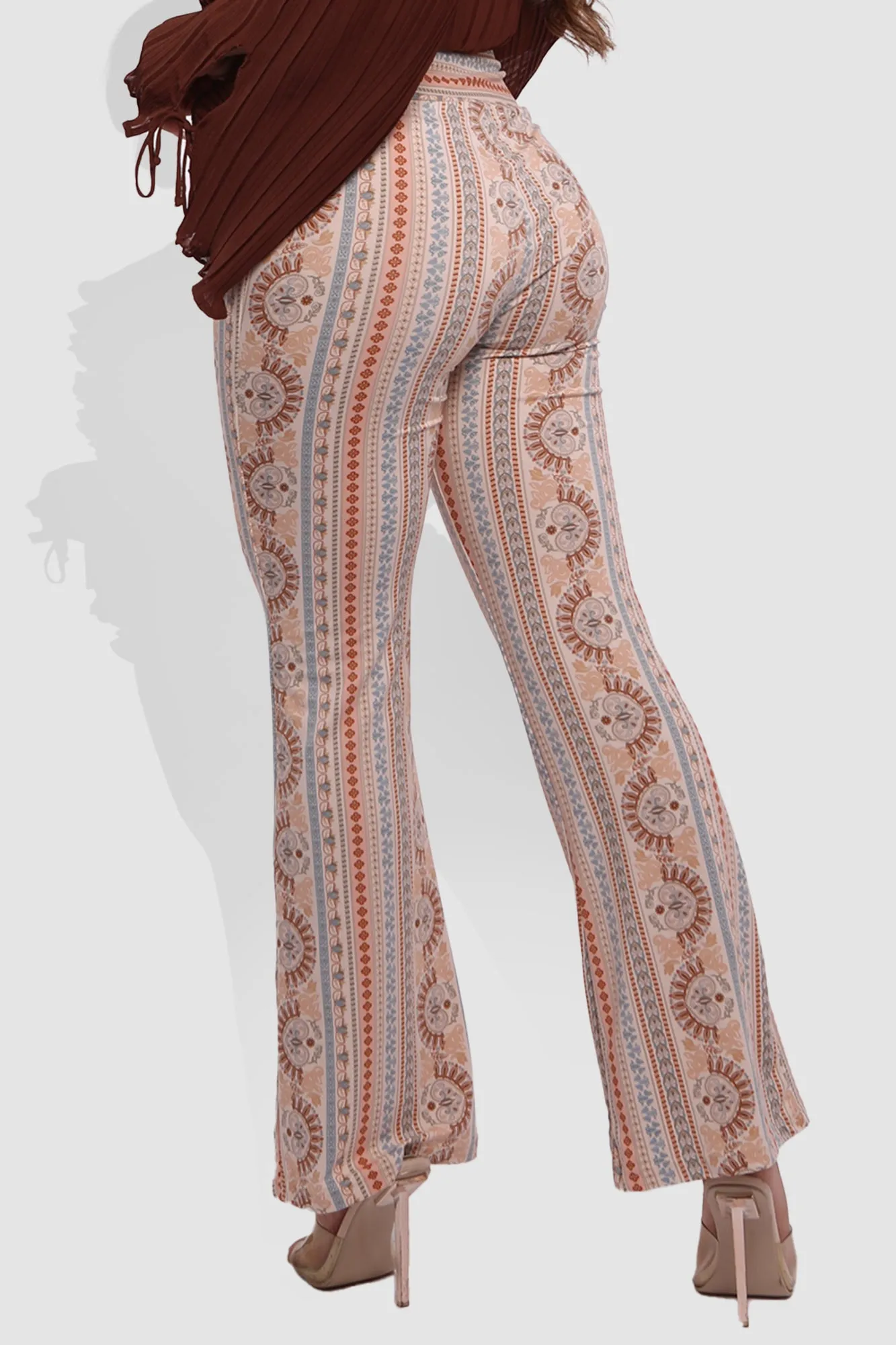 High Waist Soft Brushed Printed Flare Pants - Cream, Blue Boho