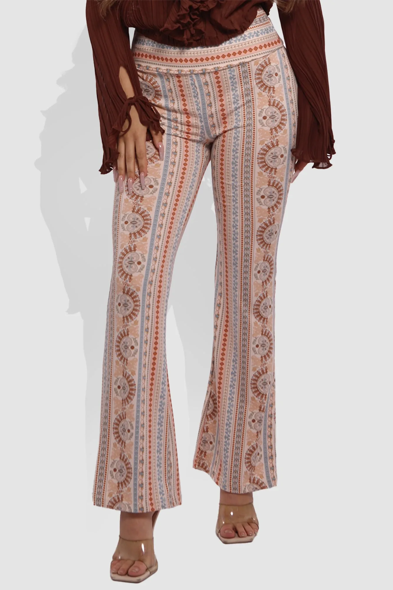 High Waist Soft Brushed Printed Flare Pants - Cream, Blue Boho