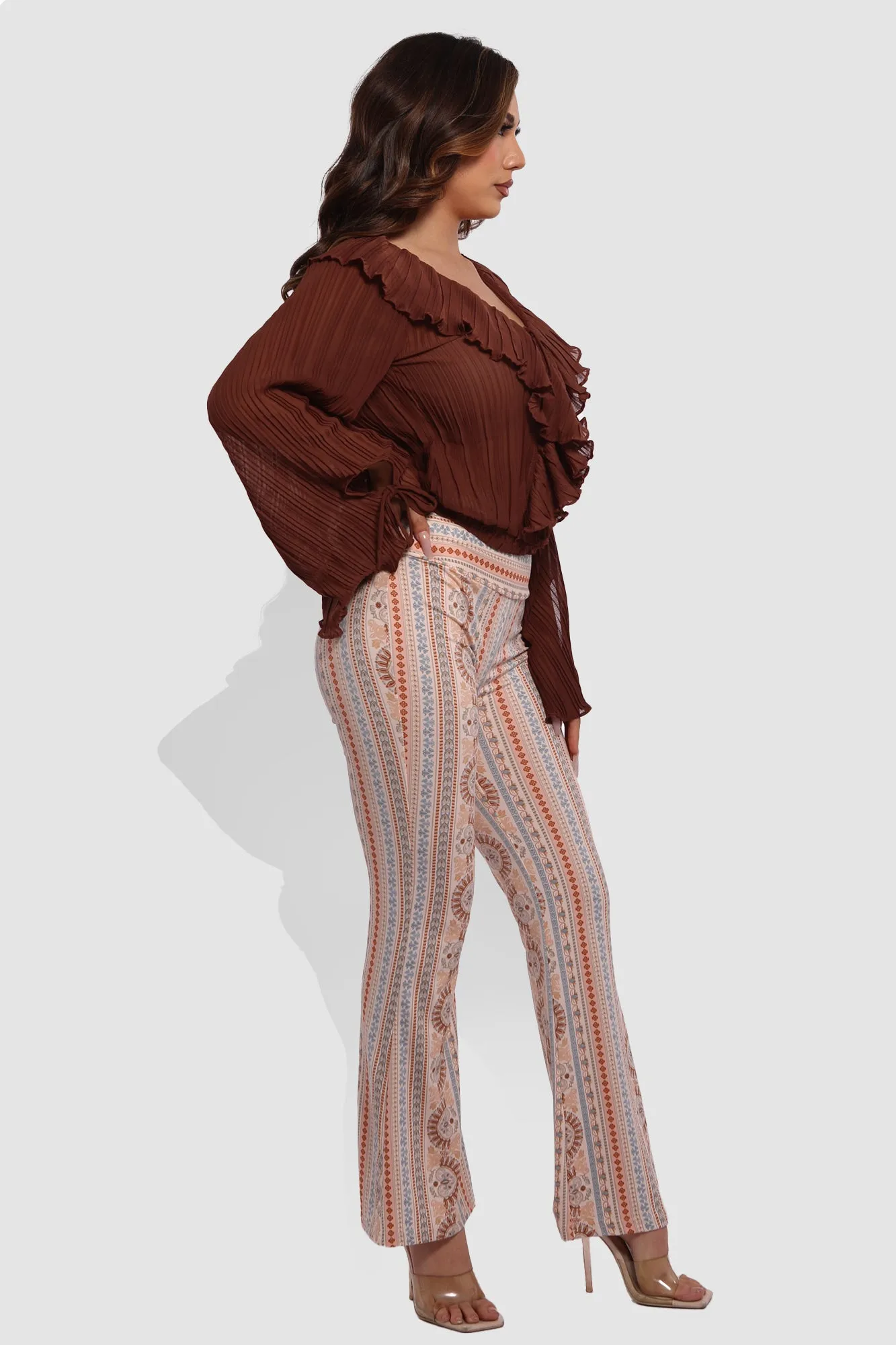 High Waist Soft Brushed Printed Flare Pants - Cream, Blue Boho