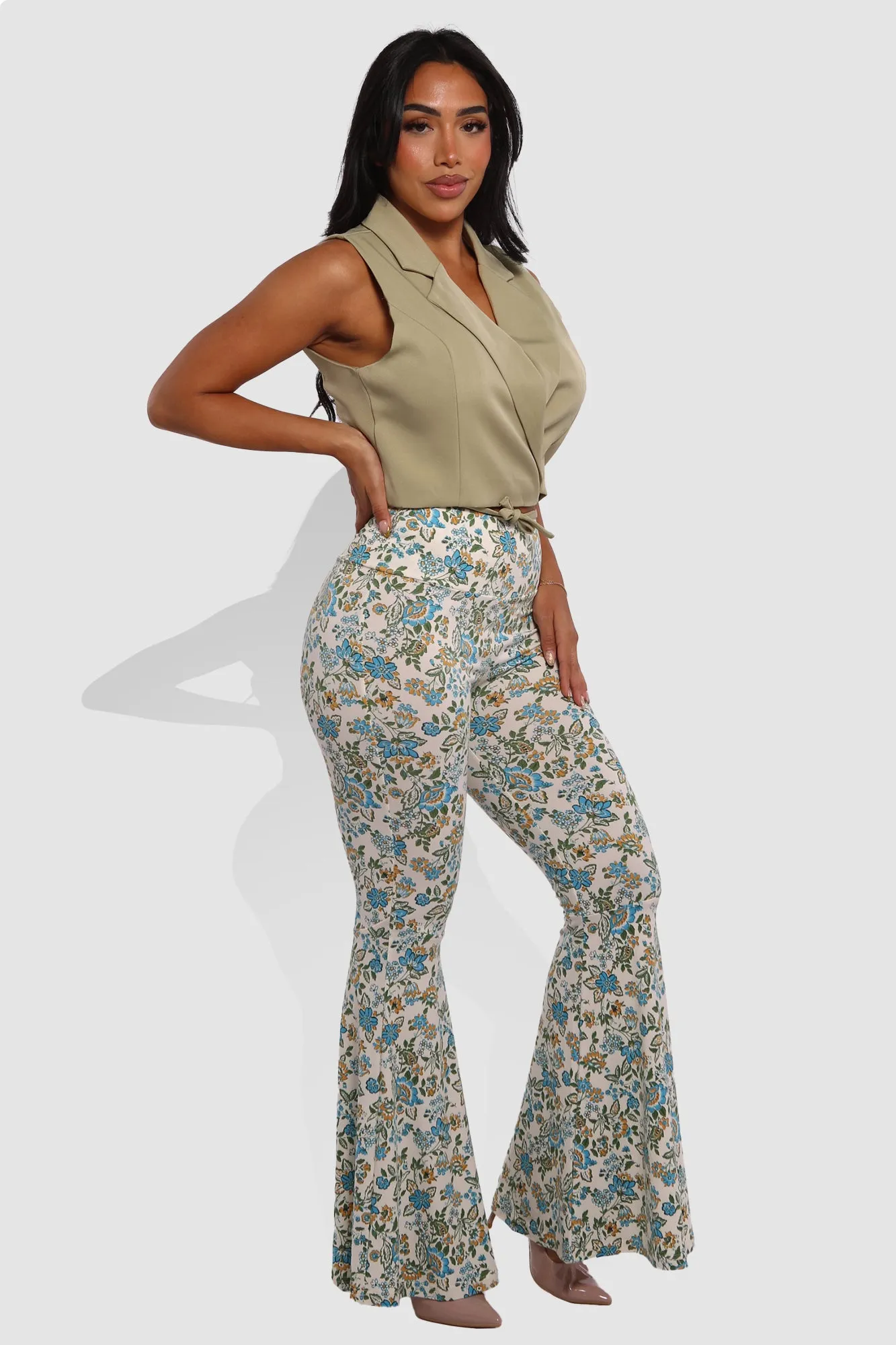 High Waist Soft Brushed Wide Flare Pants - Blue, Yellow Floral