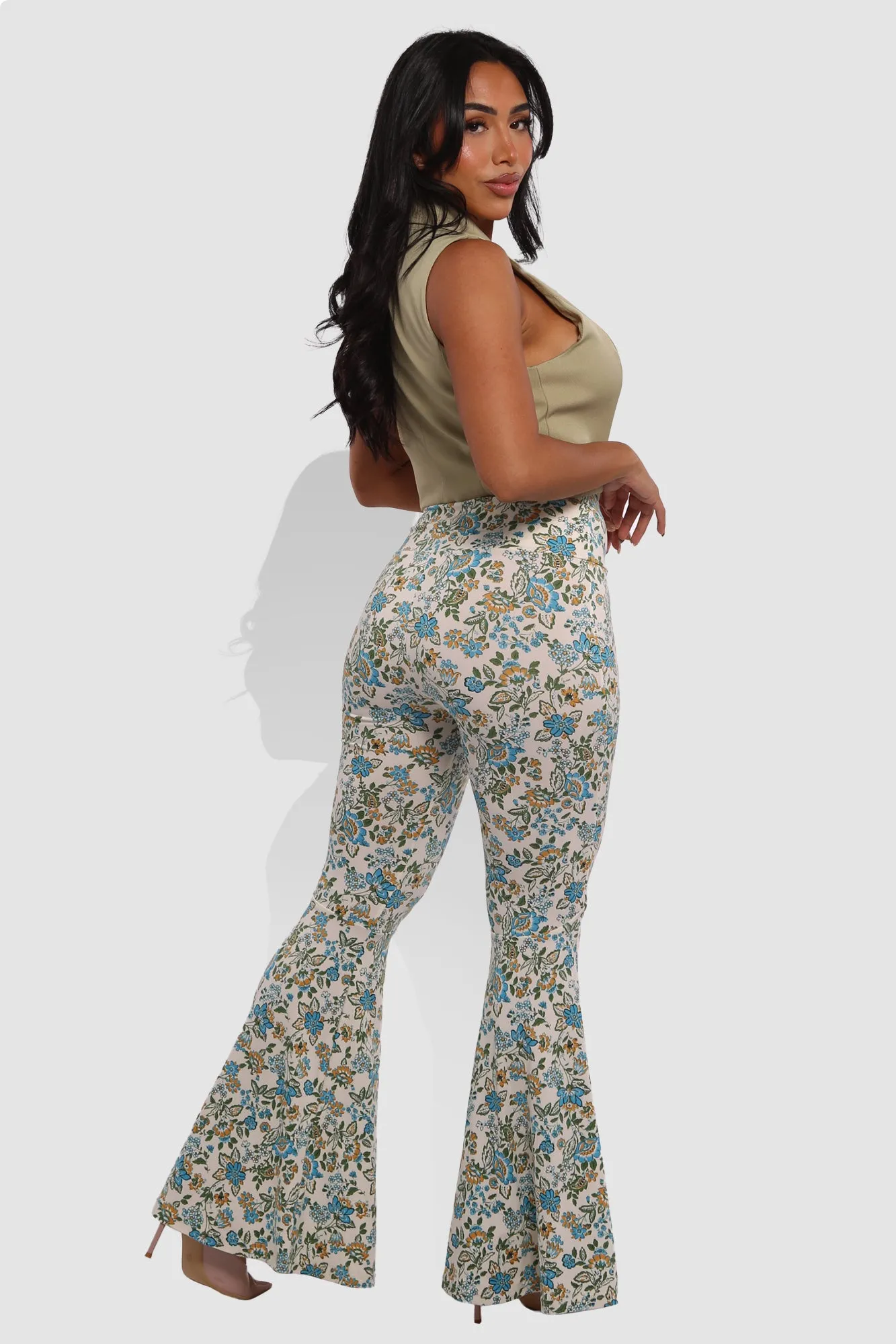 High Waist Soft Brushed Wide Flare Pants - Blue, Yellow Floral