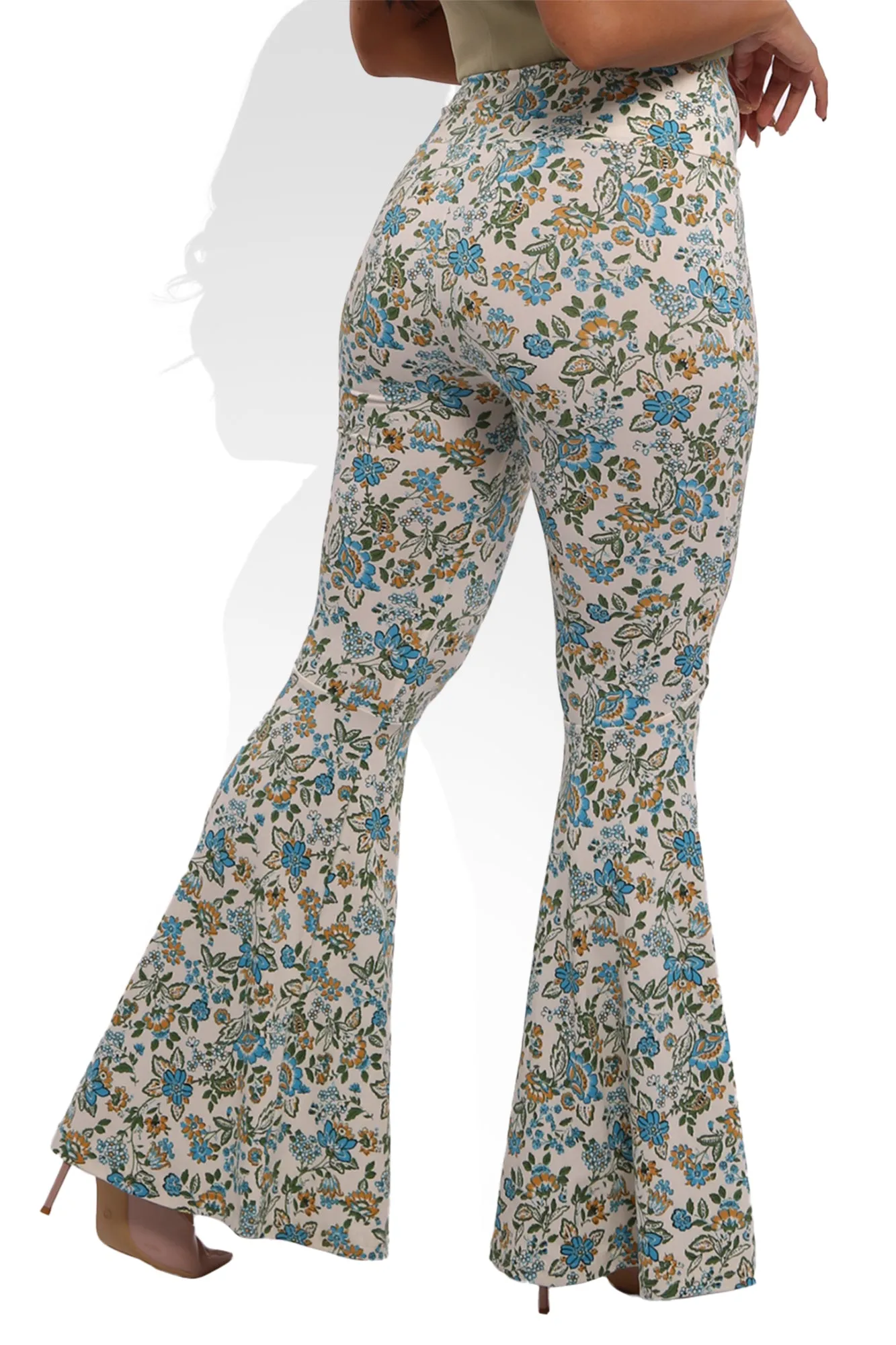 High Waist Soft Brushed Wide Flare Pants - Blue, Yellow Floral