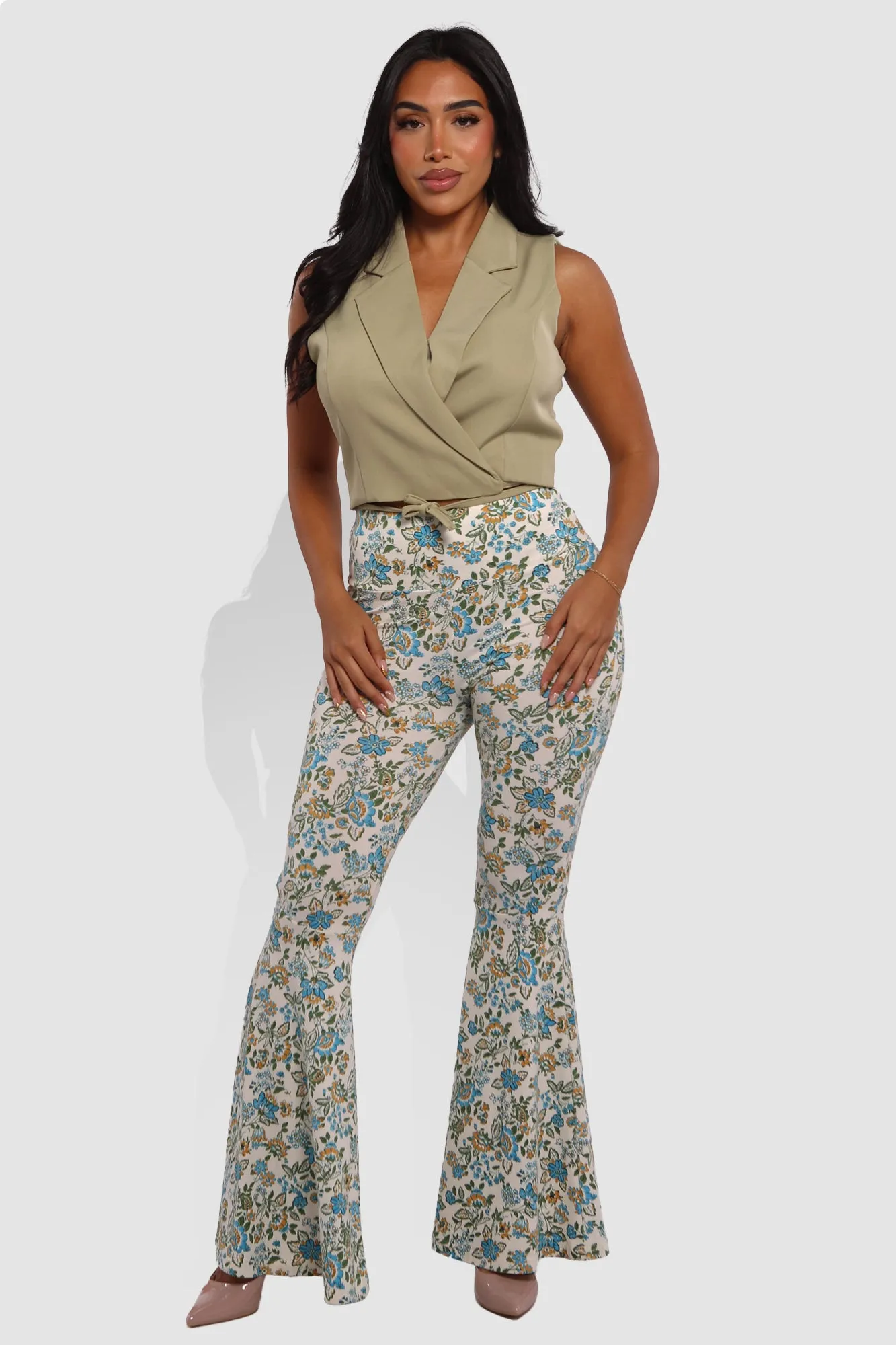 High Waist Soft Brushed Wide Flare Pants - Blue, Yellow Floral