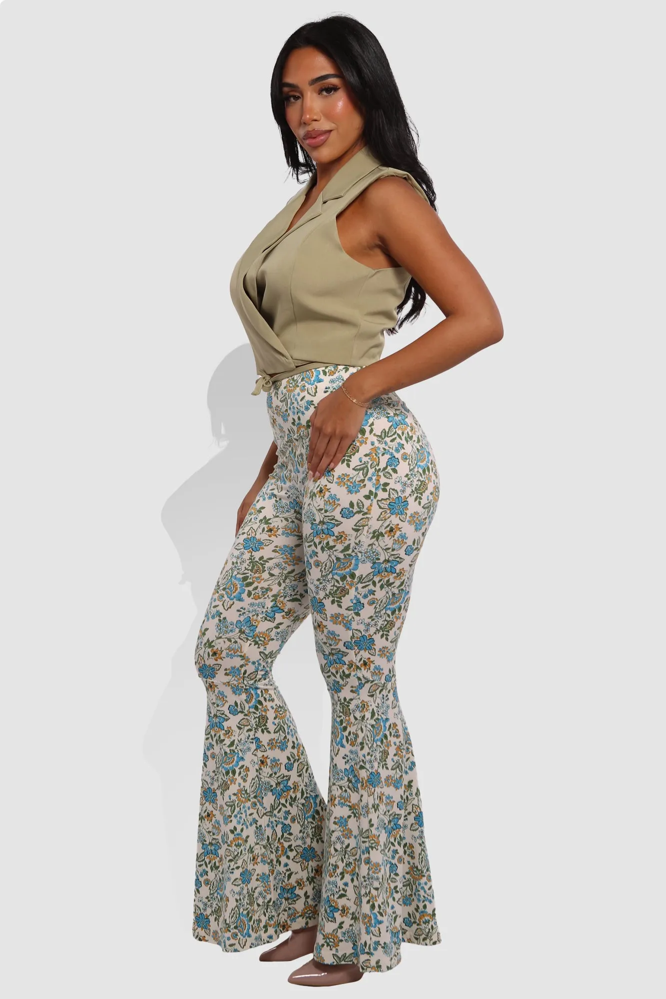 High Waist Soft Brushed Wide Flare Pants - Blue, Yellow Floral