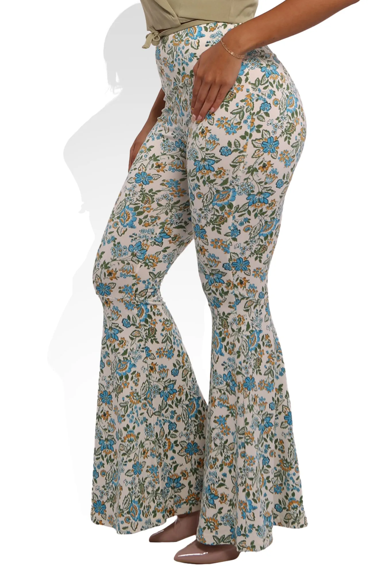 High Waist Soft Brushed Wide Flare Pants - Blue, Yellow Floral