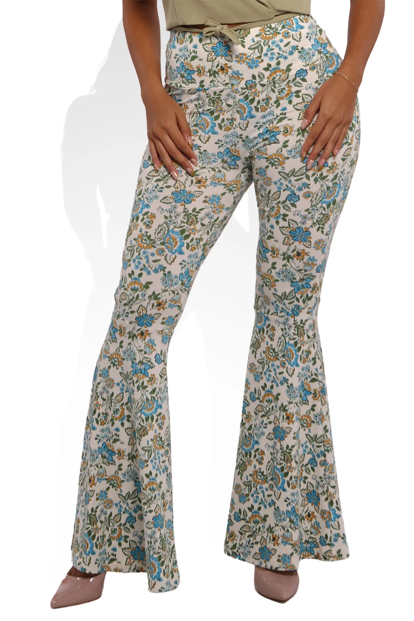 High Waist Soft Brushed Wide Flare Pants - Blue, Yellow Floral