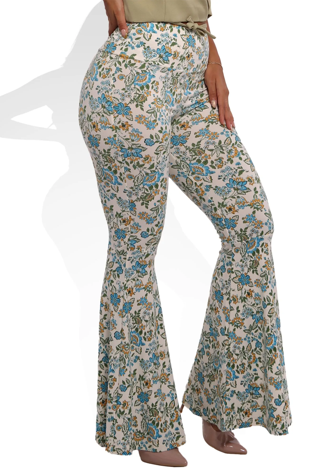 High Waist Soft Brushed Wide Flare Pants - Blue, Yellow Floral