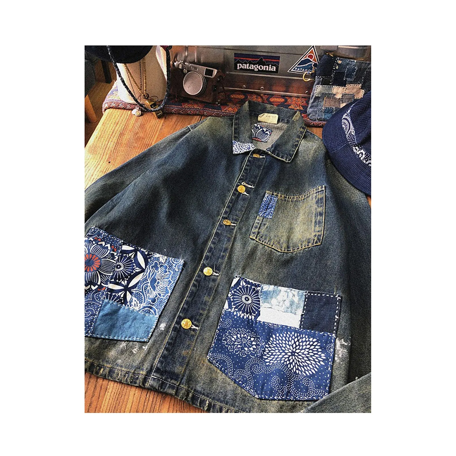 Indigo Calico Stitching Denim Jacket